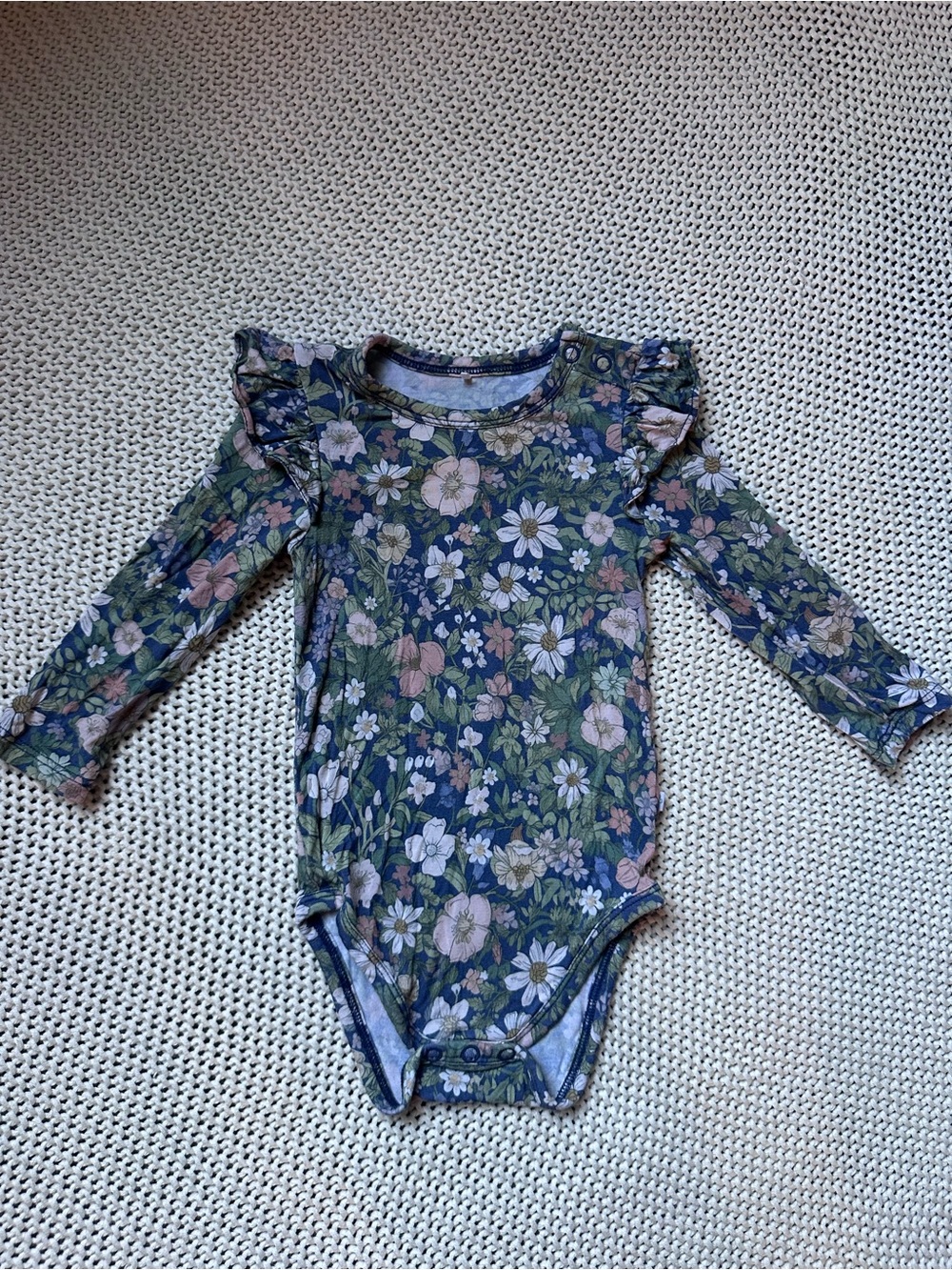 Posh Peanut Floral Ruffle Long-Sleeve One-Piece in Green and Pink